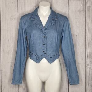 Vtg Roughrider Circle T Western Chambray Denim Crop Jacket Concho Stud, Small